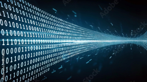 Dynamic digital stream of binary code flows into glowing futuristic data tunnel for technology concepts