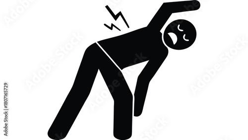 Stick Figure Illustrating Back Pain Symptoms in Black and White - Upper Back Thoracic Pain                                                            
