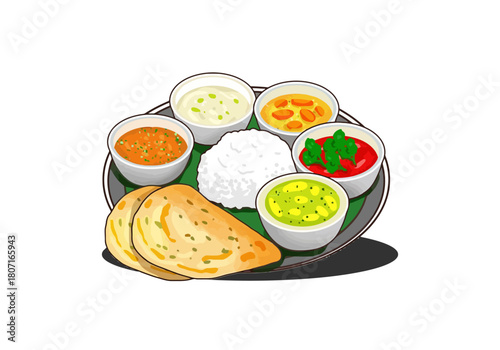 Illustration of Traditional Indian Thali with Rice, Curries, and Flatbread