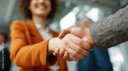 Young woman observes two businessmen shaking hands in an office