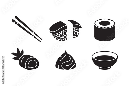 Stylized black and white sushi and chopsticks illustration