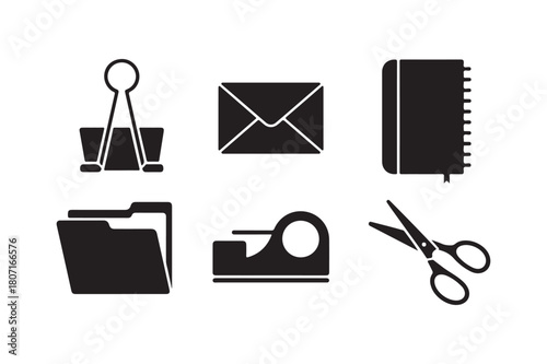 Black silhouette icons of office supplies and stationery