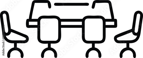 Simple Black and White Icon Illustration of Conference Room Table and Chairs, Meeting Setup.                                                          