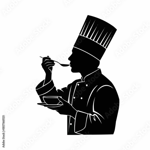 Silhouette of a chef tasting food with a spoon and holding a bowl.