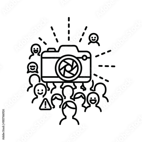 Camera icon surrounded by happy people, isolated on