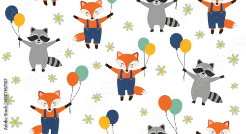 Adorable woodland animals fox and raccoon with balloons floating among flowers, a cute seamless pattern great for kids apparel, wallpaper, and fabrics