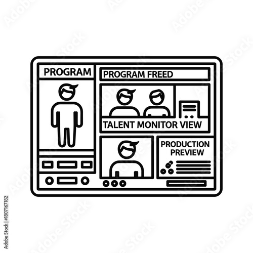 Video production monitor screen with talent and program view, isolated on