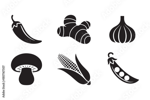 Six stylized black silhouettes of fresh vegetables and spices