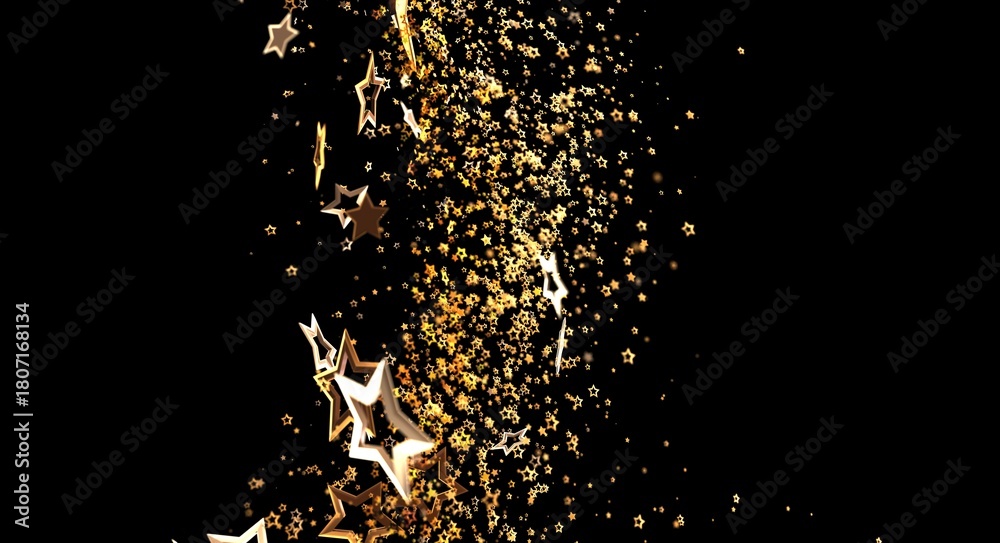 Obraz premium Abstract background featuring falling gold star confetti against a black backdrop, perfect for holidays, celebrations, and f