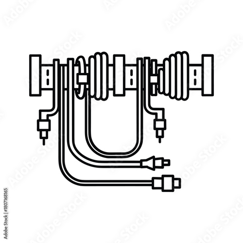 Vector icon of a complex mechanical assembly with wires and connectors, isolated on