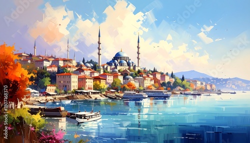 Waterside city view with mosques and boats under a bright sky.