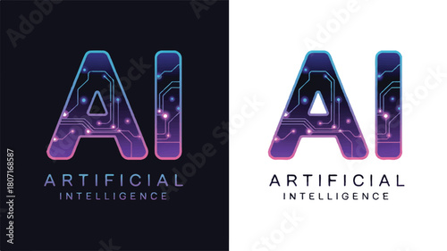 Modern digital technology concept featuring vibrant AI letters designed with intricate circuit board patterns, symbolizing artificial intelligence and innovation