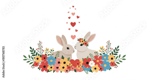 Charming bunnies surrounded by spring flowers and hearts, perfect for Easter greetings, springtime celebrations, and heartwarming designs