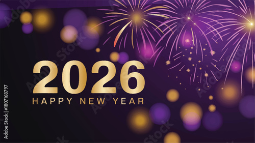 Celebrate the arrival of 2026 with a vibrant Happy New Year graphic featuring dazzling fireworks and festive bokeh lights