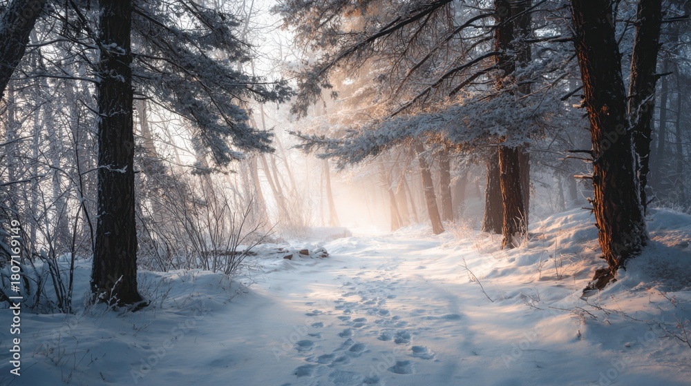 Fototapeta premium A snowy forest path with soft footprints leads into a glowing foggy winter sunrise