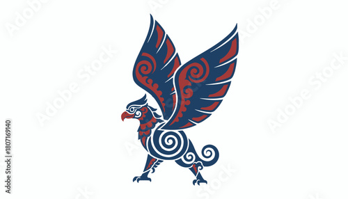 A stylized illustration of a mythical griffin with wings spread, featuring intricate swirling patterns in red and blue.