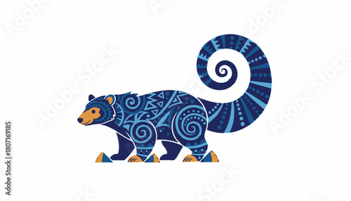 A stylized blue bear with intricate tribal patterns and a large, curled tail walks against a white background.