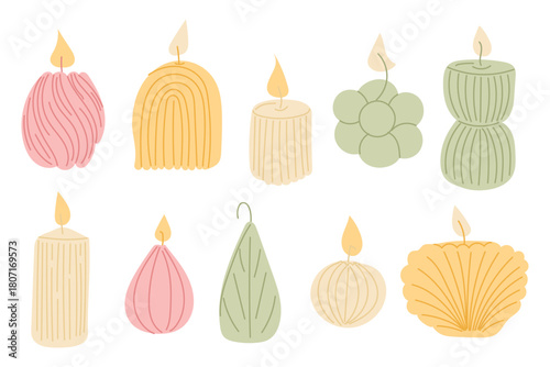 Cozy candle set with various decorative shapes and soft minimal details. This illustration conveys a warm hygge home decor concept