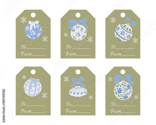Set of Christmas gift tags with decorative ornaments and floral patterns. This illustration conveys a festive holiday wrapping and gifting concept