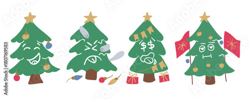 Funny Christmas trees with expressive faces and festive decorations. This illustration conveys a playful holiday humor concept