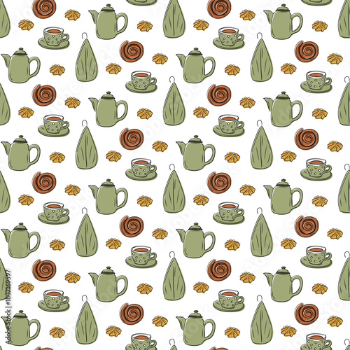 Cozy seamless pattern with teapots, teacups, pastries and candles. This illustration conveys a warm hygge tea shop concept