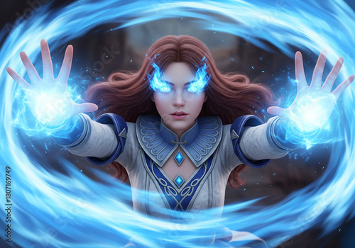 A woman with blue fire in her hands, symbolizing strength and magic in a captivating display.
