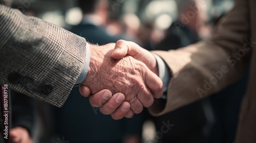 Close-up of two elderly men shaking hands in formal setting