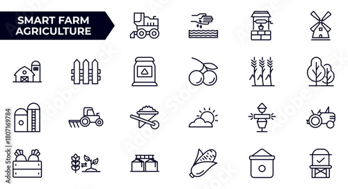 Smart farm agriculture line icon set. Farming, gardening, agriculture, digital, ideas, food, animals, seeding, plants, and harvesting icon collection. outline icon set
