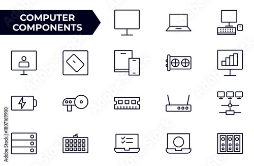 Computer components line icon set. Containing online, computer, network, website, server, web design, hardware, software and programming.