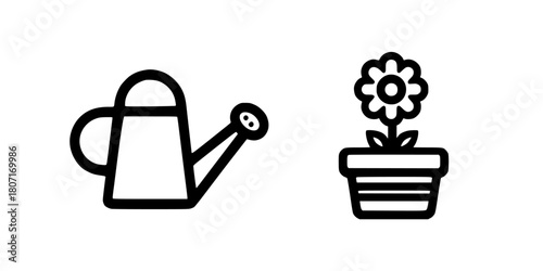 Nurturing Nature: Black & White Watering Can Flowerpot | Clean, isolated vector art for creative projects.