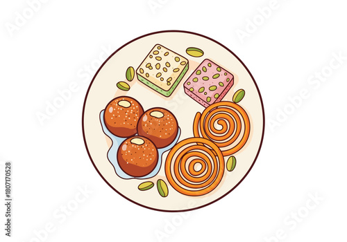 Illustration of Traditional Indian Sweets with Gulab Jamun, Jalebi, and Burfi