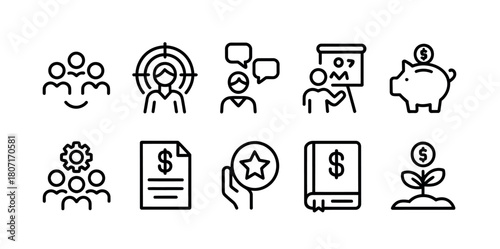 A collection of line icons representing various business concepts and financial growth strategies is displayed.