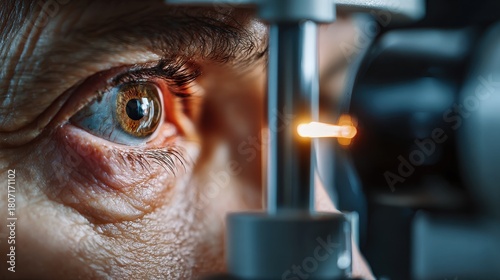 Eye exam of older man using slit lamp and microscope to assess lens and cornea condition