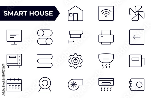Smart house Line icon set. Sustainable development. Contains such icons as renewable energy, autonomous building, air and water quality.