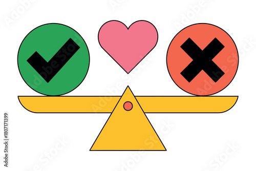 A pink heart sits balanced between a green circle with a checkmark and a red circle with an 'x' on a simple yellow scale, representing a difficult choice.