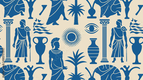 Vibrant seamless pattern design depicting ancient mythological figures, classical Greek columns, and historical cultural symbols
