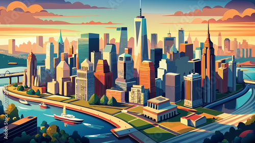 Very beautiful aerial panorama of Lower Manhattan in New York City, featuring soaring skyscrapers, shimmering waterfront edges, and a sweeping view of the iconic urban skyline under clear daylight.