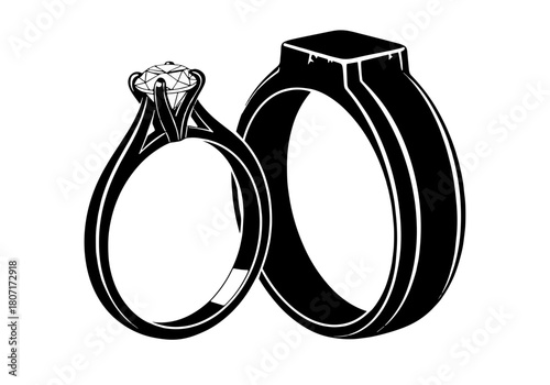 Classic black and white illustration of an engagement ring and wedding band, symbolizing eternal love and commitment