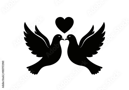 Elegant silhouette of two doves kissing with a heart, symbolizing love and peace