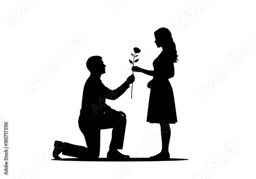 Silhouette of a man proposing to a woman with a rose, romantic gesture