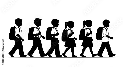 Young students with backpacks walking together in a line, symbolizing their educational path and school community