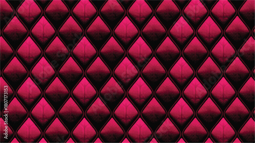 Seamless repeating pattern with elegant quilted diamond shapes in vibrant magenta and deep black, perfect for luxurious graphic backgrounds