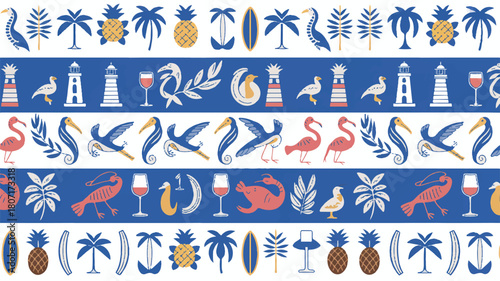 A seamless vector pattern design featuring a charming collection of coastal, nautical, and tropical summer beach icons and symbols