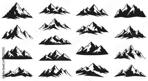 Collection of diverse mountain range silhouettes, perfect for adventure, nature, and outdoor design elements