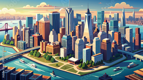 Very beautiful aerial panorama of Lower Manhattan in New York City, featuring soaring skyscrapers, shimmering waterfront edges, and a sweeping view of the iconic urban skyline under clear daylight.