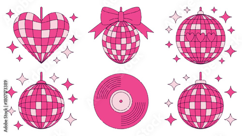 Vibrant vector set of pink and white disco balls, including a heart and a retro record, ideal for festive party designs and lively celebration graphics