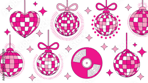 Flat design disco balls and vinyl record icons in vibrant pink and white for retro party and music event graphics