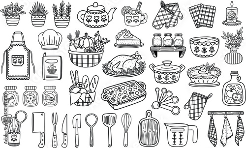 Cozy autumn kitchen on Thanksgiving elements set. Vector line art illustrations of roast turkey, casserole, pumpkin pie, fruits and vegetables basket, kitchen utensils, herbs, spices and more.