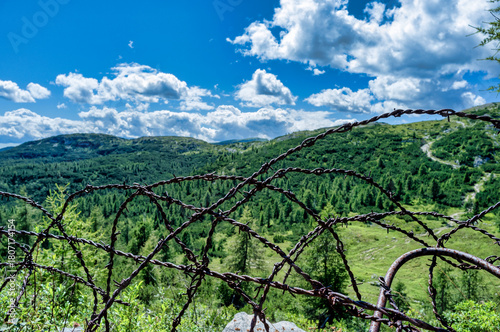 World War I trenches, with the mountains where battles took place in the Asiago Plateau in Italy