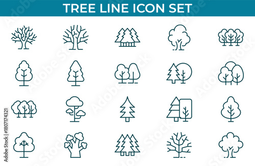 Tree Line Icon set. Modern Collection for Design, Web Sites, Apps, Cards. Contains Linear Images of Deciduous